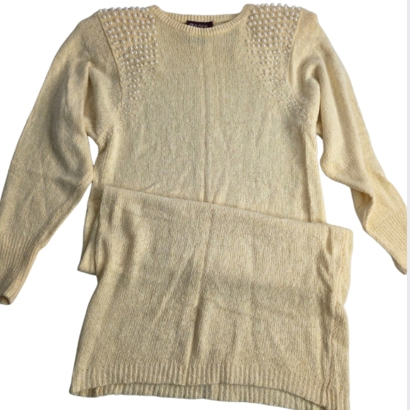 90's Raoul M Butter-Cream Sweater Dress Pearl Accents Angora Silk Vintage Ci1948 - Picture 3 of 13